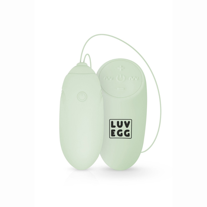 Oeuf vibrant télécommandé couple discret vert LUV EGG – vue ensemble oeuf silicone médical et télécommande sans fil
