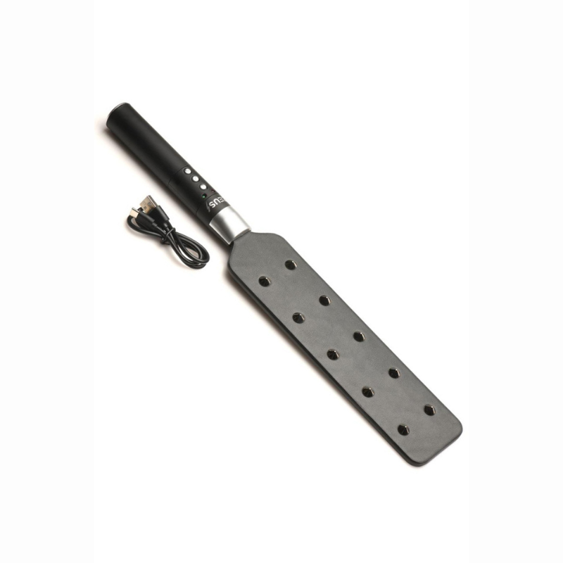 Paddle e-stim BDSM rechargeable USB Zeus Electrosex – détail poignée contrôle manuel et port de charge Paddle Électrostimulation BDSM