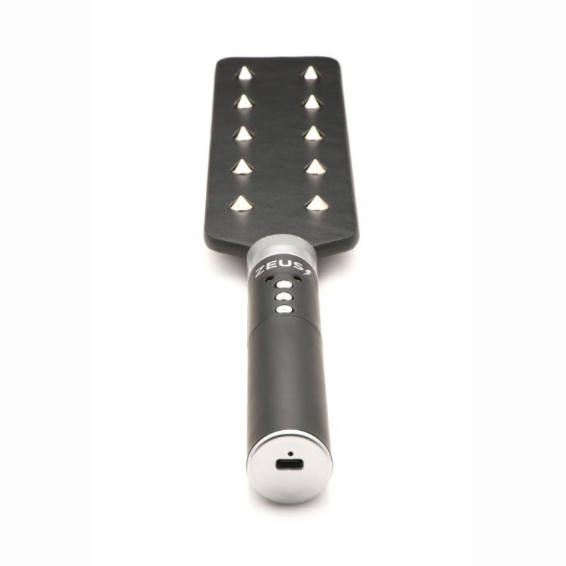 Paddle électrostimulation BDSM Zeus Electrosex Spiked – vue ensemble face e-stim pointes métal et face lisse cuir synthétique