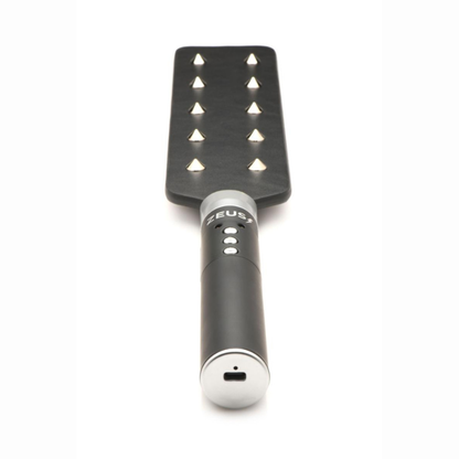 Paddle électrostimulation BDSM Zeus Electrosex Spiked – vue ensemble face e-stim pointes métal et face lisse cuir synthétique
