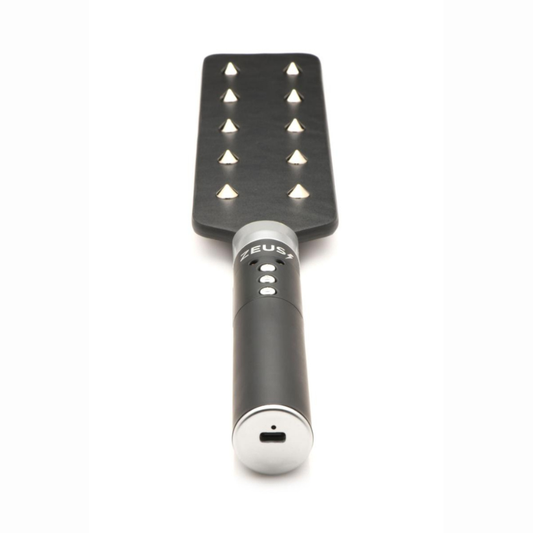 Paddle électrostimulation BDSM Zeus Electrosex Spiked – vue ensemble face e-stim pointes métal et face lisse cuir synthétique