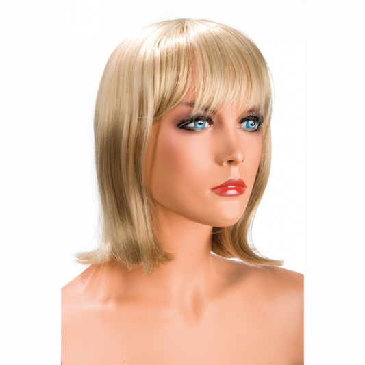 Perruque blonde mi-longue mèche effilée Camila World Wigs — vue de face, mèche avant et chevelure dorée naturelle