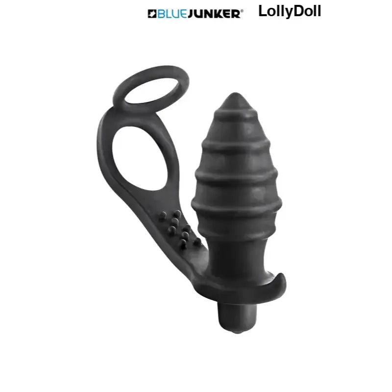 Cockring double combiné à un Plug anal vibrant noir strié de BlueJunker un jouet intime masculin pour des sensations inégalée, orgasme assuré grâce au point G pour homme, le tout  au meilleur prix sur LollyDoll