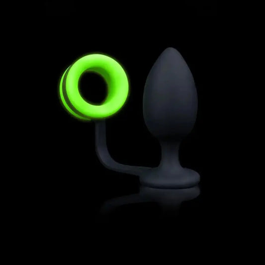 Plug avec cockring phosphorescent Cockring vert phosphorescent et Plug anal en silicone noir disponible chez votre partenaire de plaisir LollyDoll