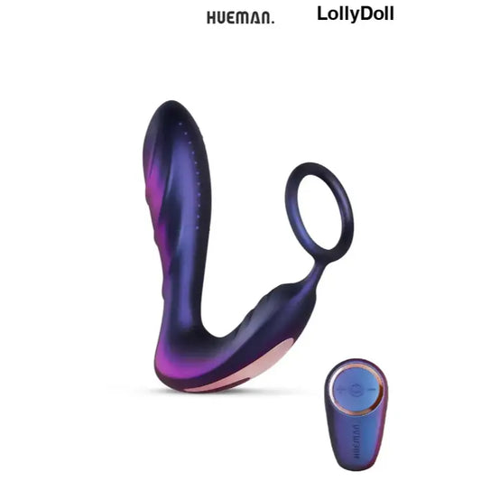Stimulateur prostatique vibrant Black Hole Cockring et plug vibrant combiné violet avec télécommande de la marque Hueman disponible sur LollyDoll