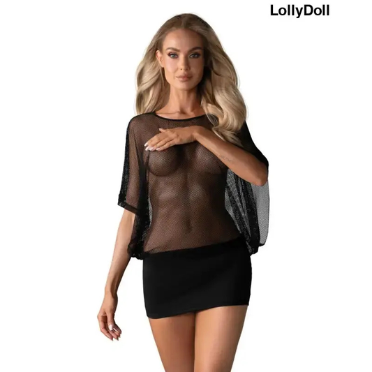 Mini robe sexy manches flottantes, ajourée grâce à ses mailles très fines en haut jusqu'aux hanches, bandeau noir en dessous des hanches, col rond , disponible chez LollyDoll 