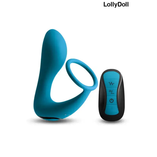 Stimulateur prostatique avec cockring vibrant combiné bleu avec télécommande disponible sur LollyDoll
