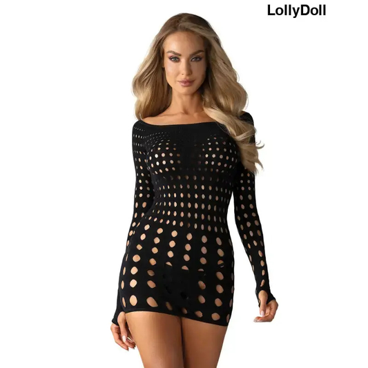 Mini robe sexy noire ajourée manches mitaines  col rond évasé jusqu'aux épaules 