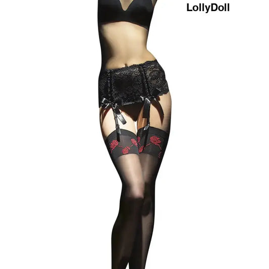 Sabado Bas sexy 20 DEN - Noir avec roses rouges sur la jarretelle disponible sur LollyDoll