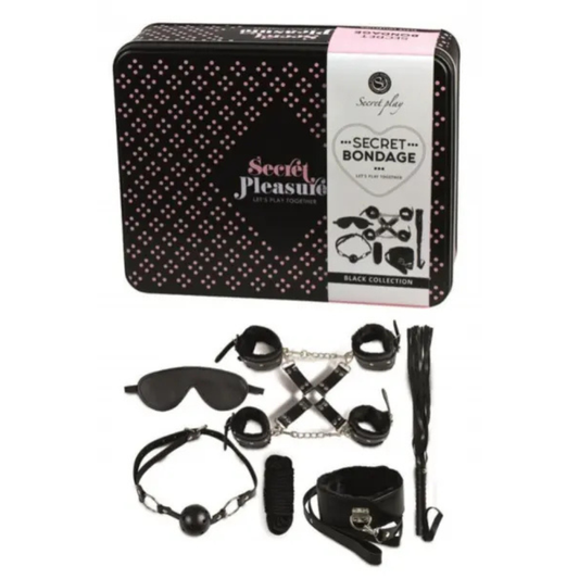 Kit de bondage 8 pièces dans une boite en métal comprenant: un masque, un baillon de bouche, une corde, des entraves poignets et chevilles, un fouet et un collier