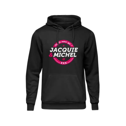 Sweat humoristique à capuche noir avec Logo rond Jacquie & Michel disponible de la taille S à la taille XXL