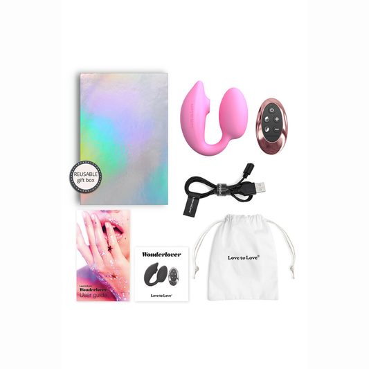 Wonderlover Love to Love Rose avec œuf vibrant, télécommande, boîte réutilisable et guide d'utilisation.