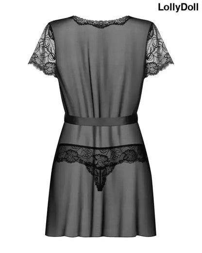 Peignoir noir alluria avec string assorti disponible chez LollyDoll