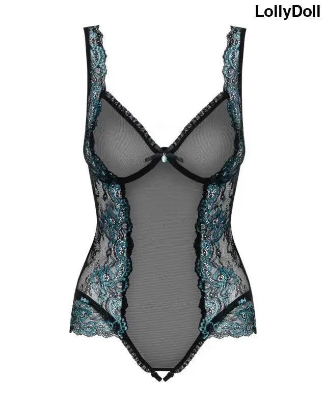 Body ouvert noir et turquoise, avec guêpière transparente. Sensuel et disponible chez LollyDoll