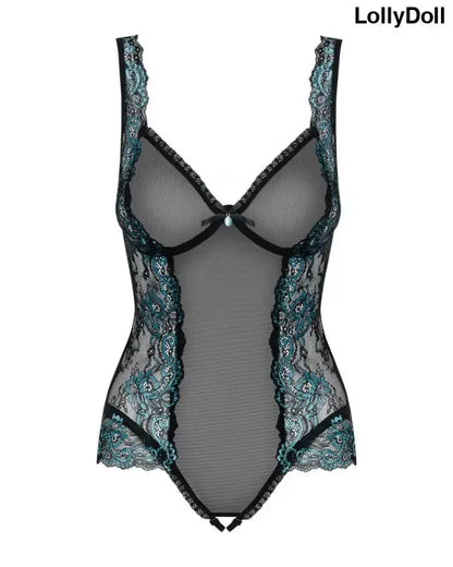 Body ouvert noir et turquoise, avec guêpière transparente. Sensuel et disponible chez LollyDoll