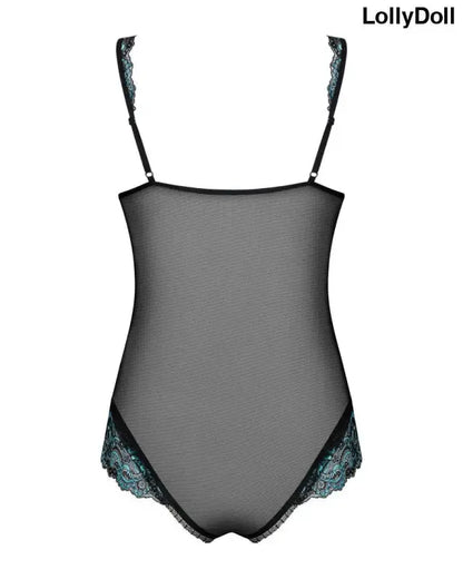 Amanta body ouvert noir et turquoise, sexy et audacieux. Ce body ouvert à mailles très fines sur l'arrère allie élégance et disponible chez LollyDoll