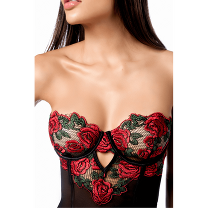 Babydoll sexy broderie roses dos lacé Mapalé avec string — parure complète portée