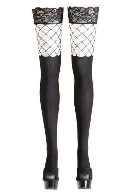 Bas autofixants opaques noir Cotelli Legwear avec dentelle et motif en filet, parfaits pour un look sexy.