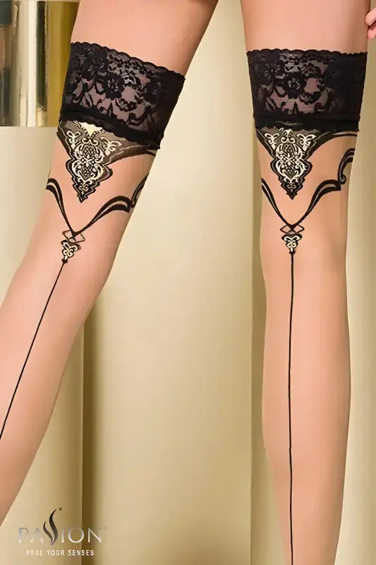 Bas autofixants en lycra 20 deniers avec jarretière en dentelle et motif fantaisie de la marque Passion.