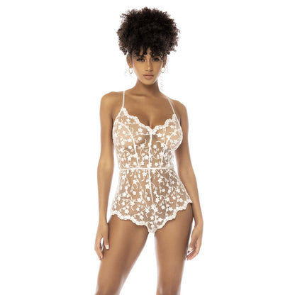 Body blanc transparent broderie florale bretelles ajustables Celina Mapalé — vue de face, silhouette complète et détail de la broderie