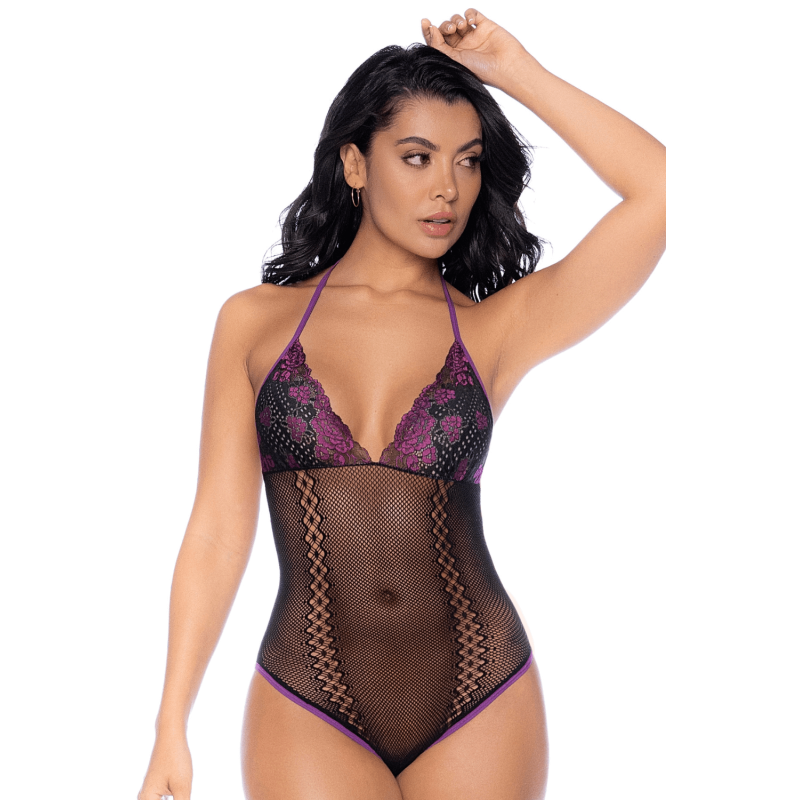  body résille noir violet dentelle mitaines— vue de dos entièrement nu, résille transparente et bordures violettes