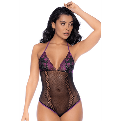  body résille noir violet dentelle mitaines— vue de dos entièrement nu, résille transparente et bordures violettes