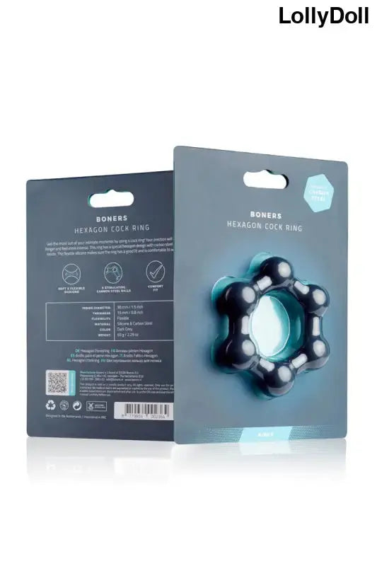 Emballage du cockring hexagonal Boners avec billes en acier pour une expérience intime intense.