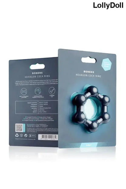 Emballage du cockring hexagonal Boners avec billes en acier pour une expérience intime intense.