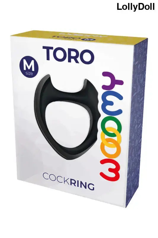 Packaging du cockring Toro M de Wooomy, mettant en avant le symbole et la taille M.