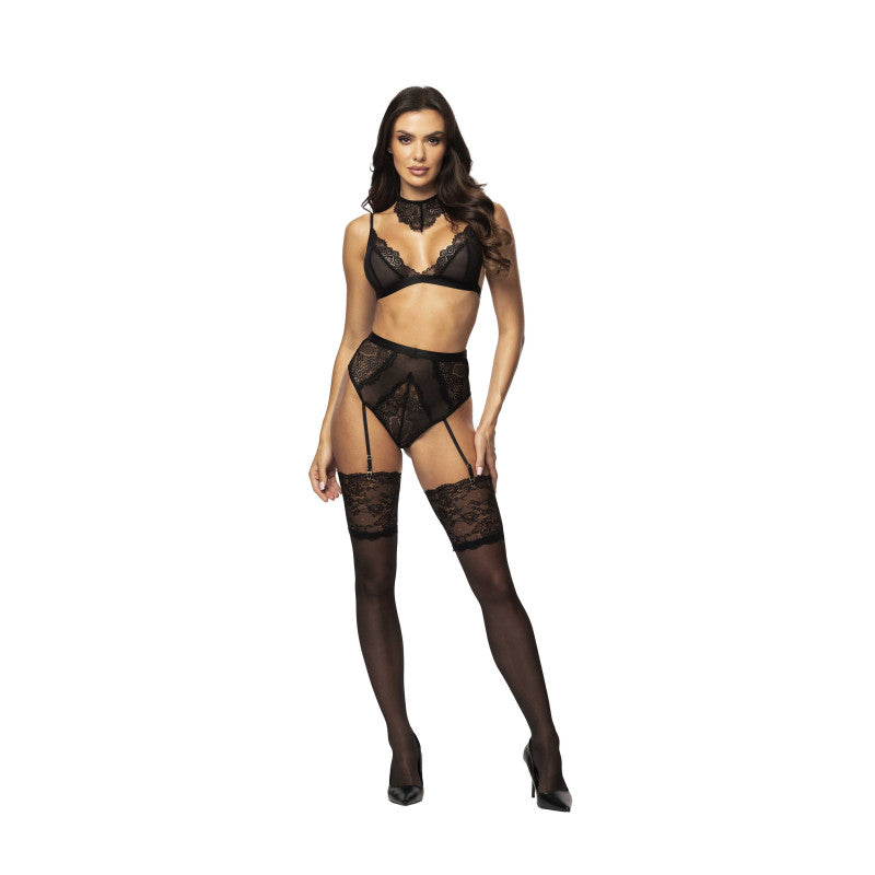 Ensemble lingerie 3 pièces dentelle noire porte-jarretelles Cristalyn — détail maille transparente et dentelle