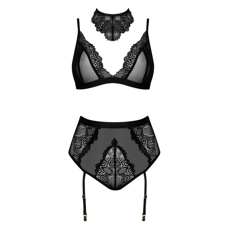Ensemble lingerie 3 pièces dentelle noire porte-jarretelles Cristalyn complète
