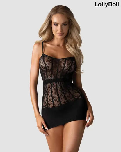 Sublime robe sexy noire en dentelle ajourée avec bandeau au niveau des cuisses 