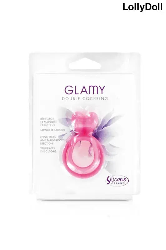 Double cockring en silicone rose Glamy dans son emballage, idéal pour améliorer l'expérience intime.