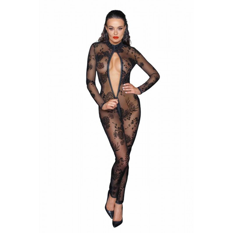 Combinaison intégrale manches longues avec fermeture éclair sur l'avant, transparente avec motifs floraux noirs très sexy