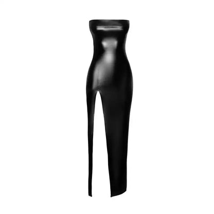 Robe longue et sexy F336 Aphrodisia, élégante robe moulante noire avec fente majestueuse.