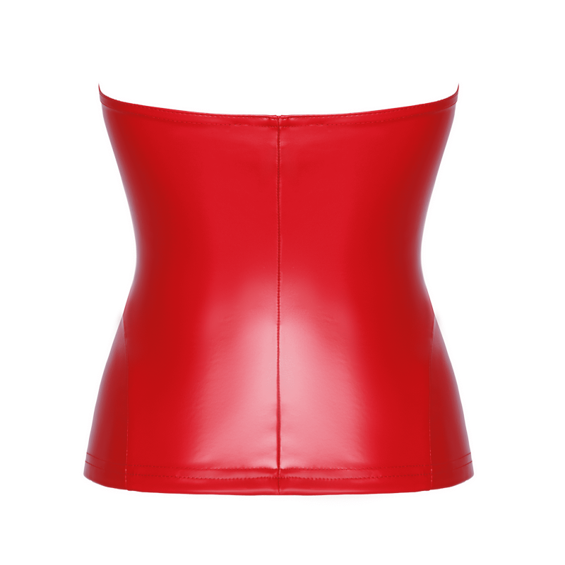 Corset rouge Mysteria F355 wetlook vue arrière, mettant en valeur la sensualité et l'élégance.