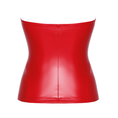 Corset rouge Mysteria F355 wetlook vue arrière, mettant en valeur la sensualité et l'élégance.