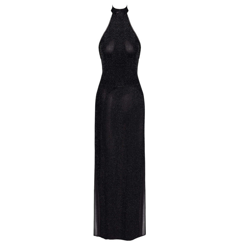 Robe longue pailletée noire fendue portée de dos – découpe dorsale et transparence de la maille
