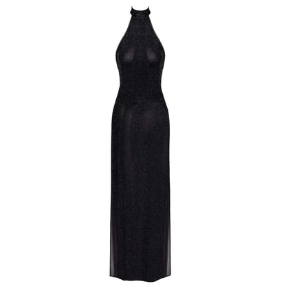 Robe longue pailletée noire fendue portée de dos – découpe dorsale et transparence de la maille
