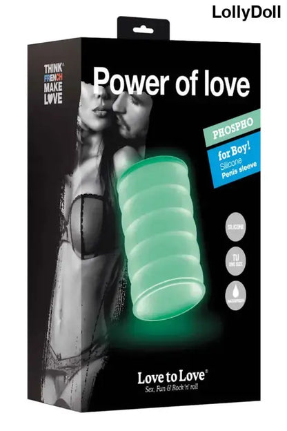 Gaine pour pénis Power of Love Phospho, gaine phosphorescente de la marque Love to Love, emballage attrayant.