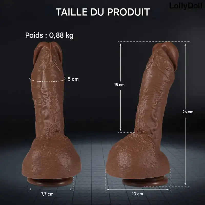 Gros gode ventouse noir de 26 cm taille avec dimensions et poids, produit LollyDoll.