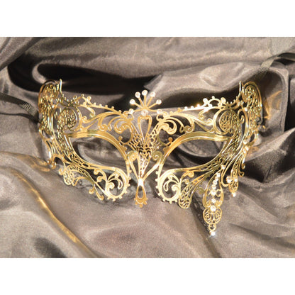 Masque vénitien doré strass Bianca — détail des strass et finition dorée haut de gamme