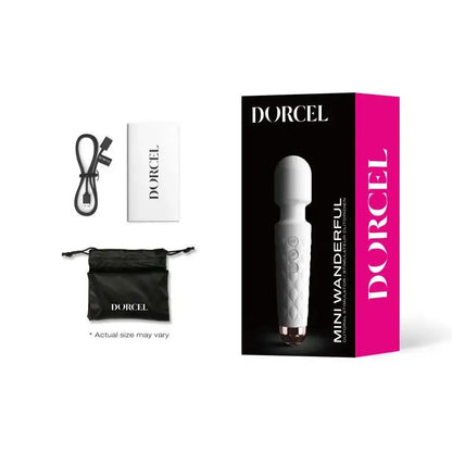 Mini wand Wanderful de la marque Dorcel, comprenant un chargeur, un manuel et un sac de rangement.