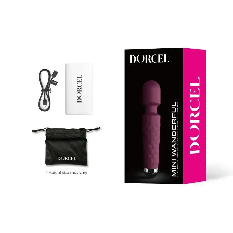Image du Mini Wand Wanderful de la marque Dorcel avec câble et notice, un compagnon de voyage indispensable.