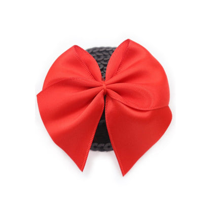 Cache tétons nœud papillon noir rouge satin — vue de profil, épaisseur et finition satin