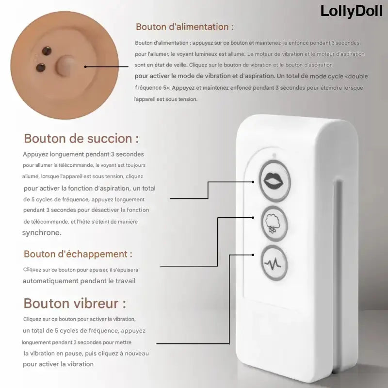 Contrôle de la Petite poupée sexuelle avec boutons d'alimentation, de suction et de vibration - LollyDoll