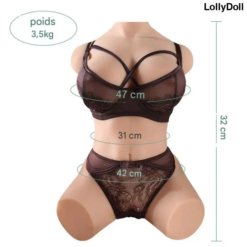 Image de la petite poupée sexuelle avec des mesures, design séduisant en lingerie noire, poids 3,5kg.