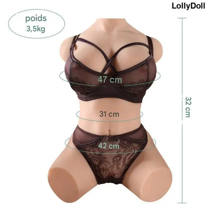 Image de la petite poupée sexuelle avec des mesures, design séduisant en lingerie noire, poids 3,5kg.