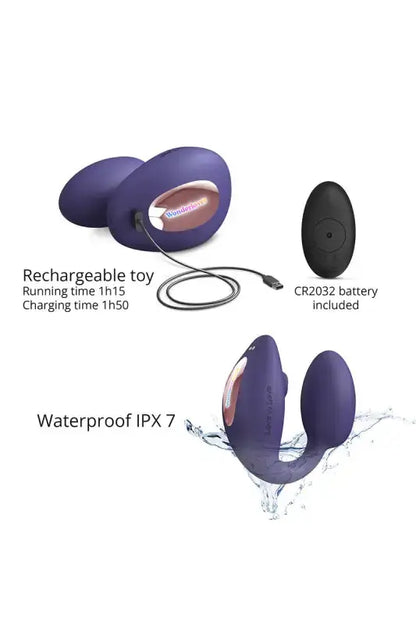 Double stimulateur féminin Wonderlover violet, jouet rechargeable, waterproof IPX7, batterie CR2032 incluse.