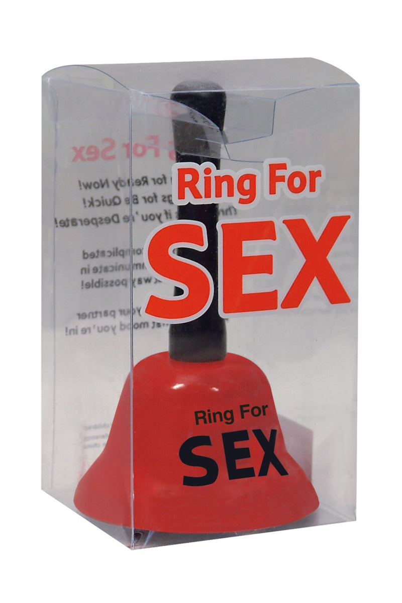La cloche à main avec écrit : ring for sex traduction : sonner pour du sexe dans sa boite 